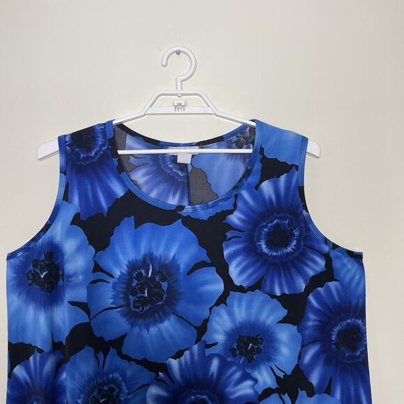 ONLY‎ 9 Blue Black Floral Print Asymmetrical Tank Top Liquid Slinky Knit Sz 4X - Picture 2 of 8